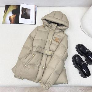 高品質Celine秋冬新作凱旋門皮ロゴ入り連帽ウエストパンダウンジャケット