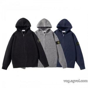 STONE ISLANDエンブレム透かし連帽ジッパーニットカーディガンコート